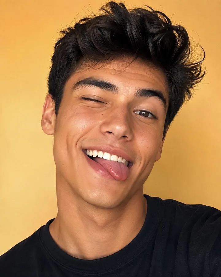 A young man winking with his tongue out, mimicking a playful emoji expression.